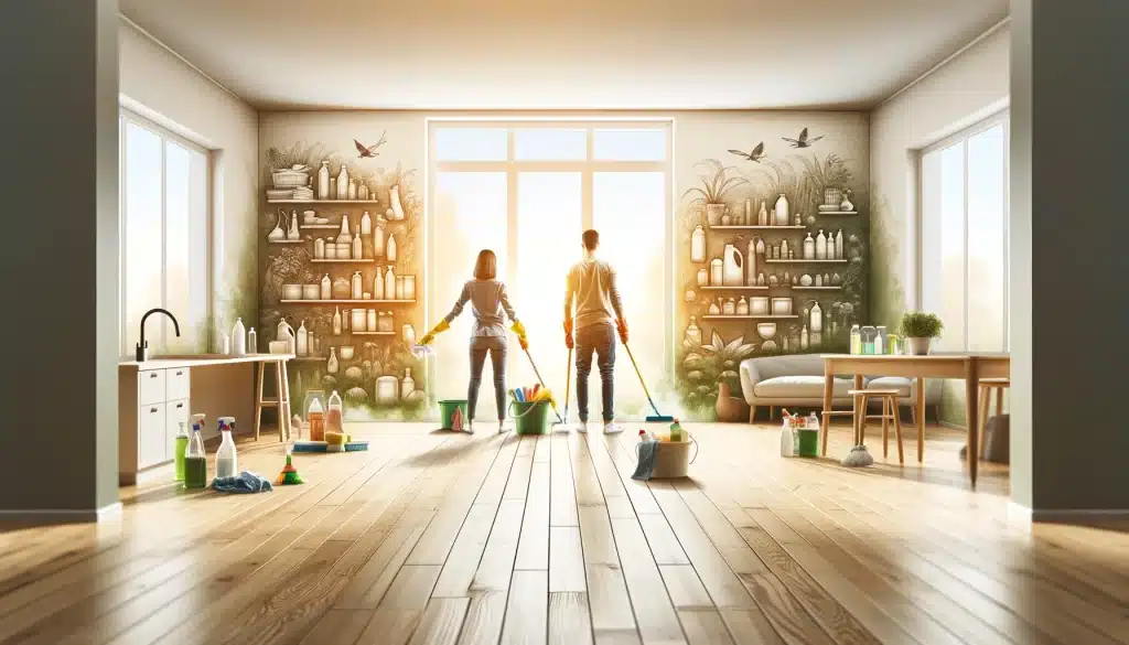 Couple utilisant des produits faits maison pour nettoyer leur appartement