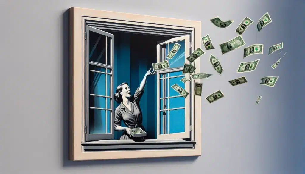 une femme qui jette son argent par la fenêtre